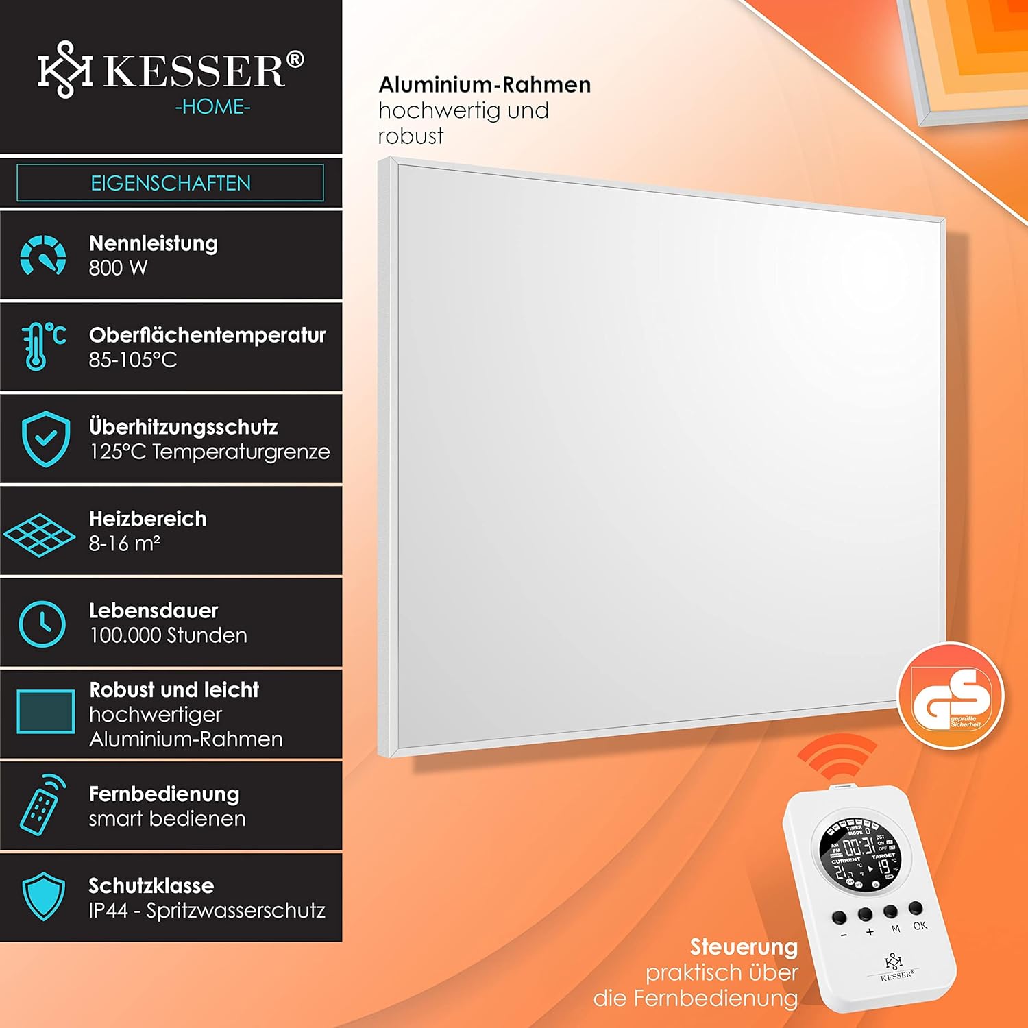 KESSER® Infrarotheizung Mit Thermostat Infrarotheizkörper Elektroheizung Infrarot Heizung Wandheizung - 28 unterschiedliche Routineprogramme, Heizkörper Heizpaneel 800W Mit Fernbedienung