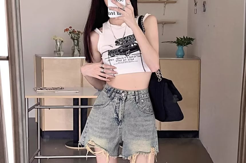 deersweeti - Hoge taille gewassen, versleten denim hotpants