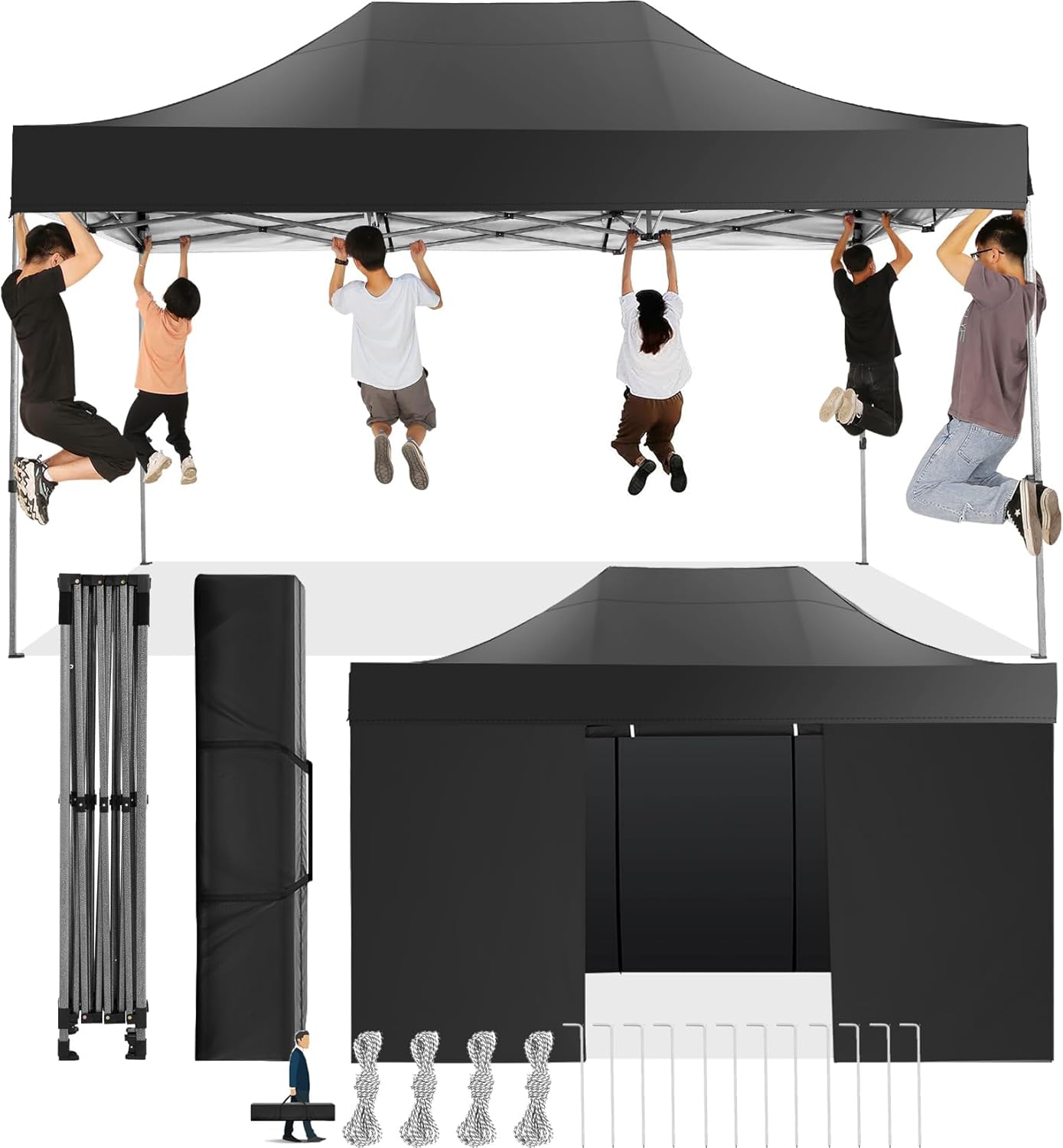 COBIZI Faltpavillon 3x4,5 Wasserdicht Stabil Winterfest mit Seitenwand,Pop Up Pavillon Partyzelt,Sonnenschutz Gartenpavillon,Pavillon Faltbar mit Handtasche(3 mal 4,5m Schwarz)