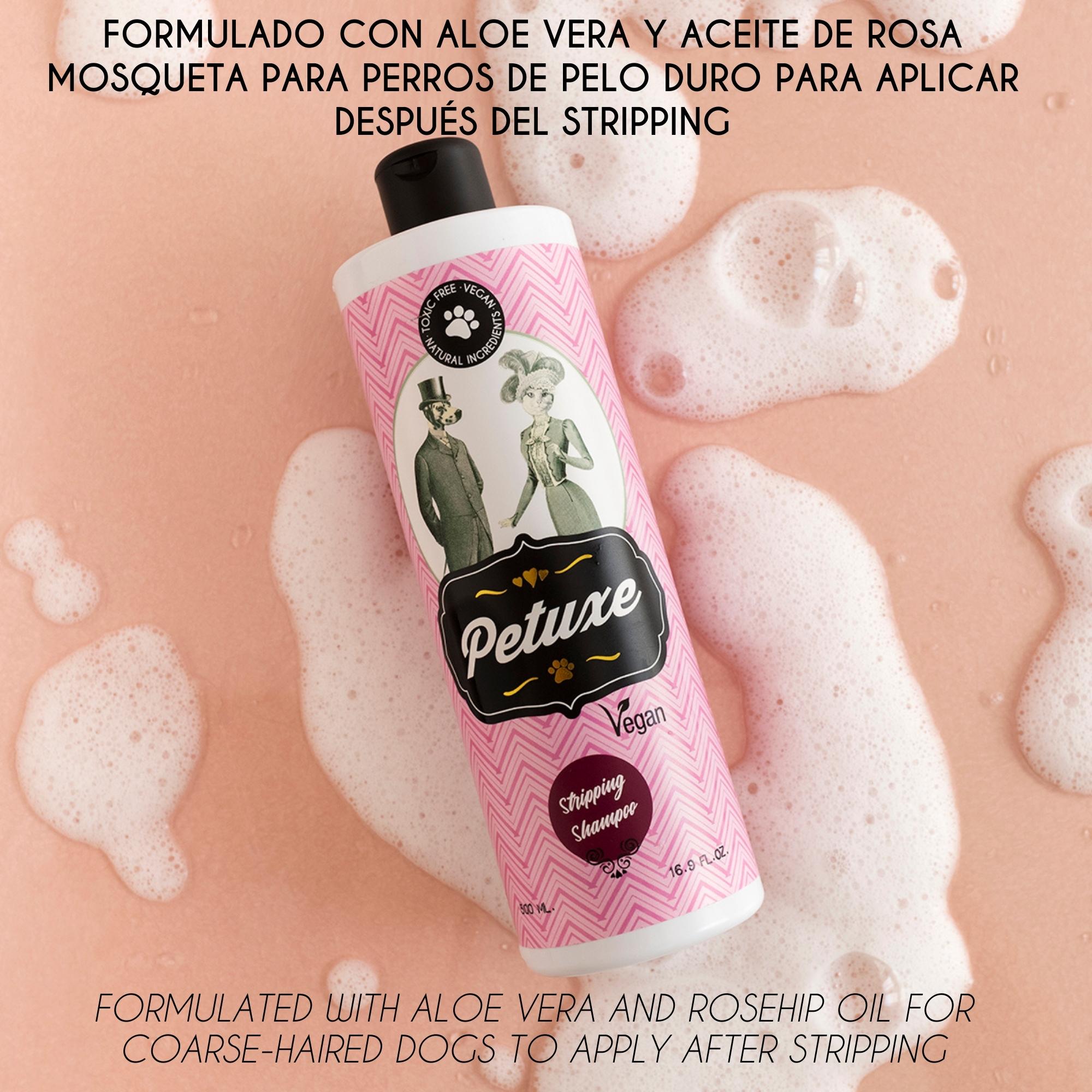Shampoo Petuxe para animais de estimação, com ação removedora de pelos. Especialmente indicado para cães de pelo duro.