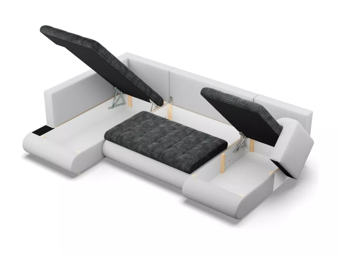 Canapé d'angle en U avec fonction sommeil, Ottoman, Noir + Gris