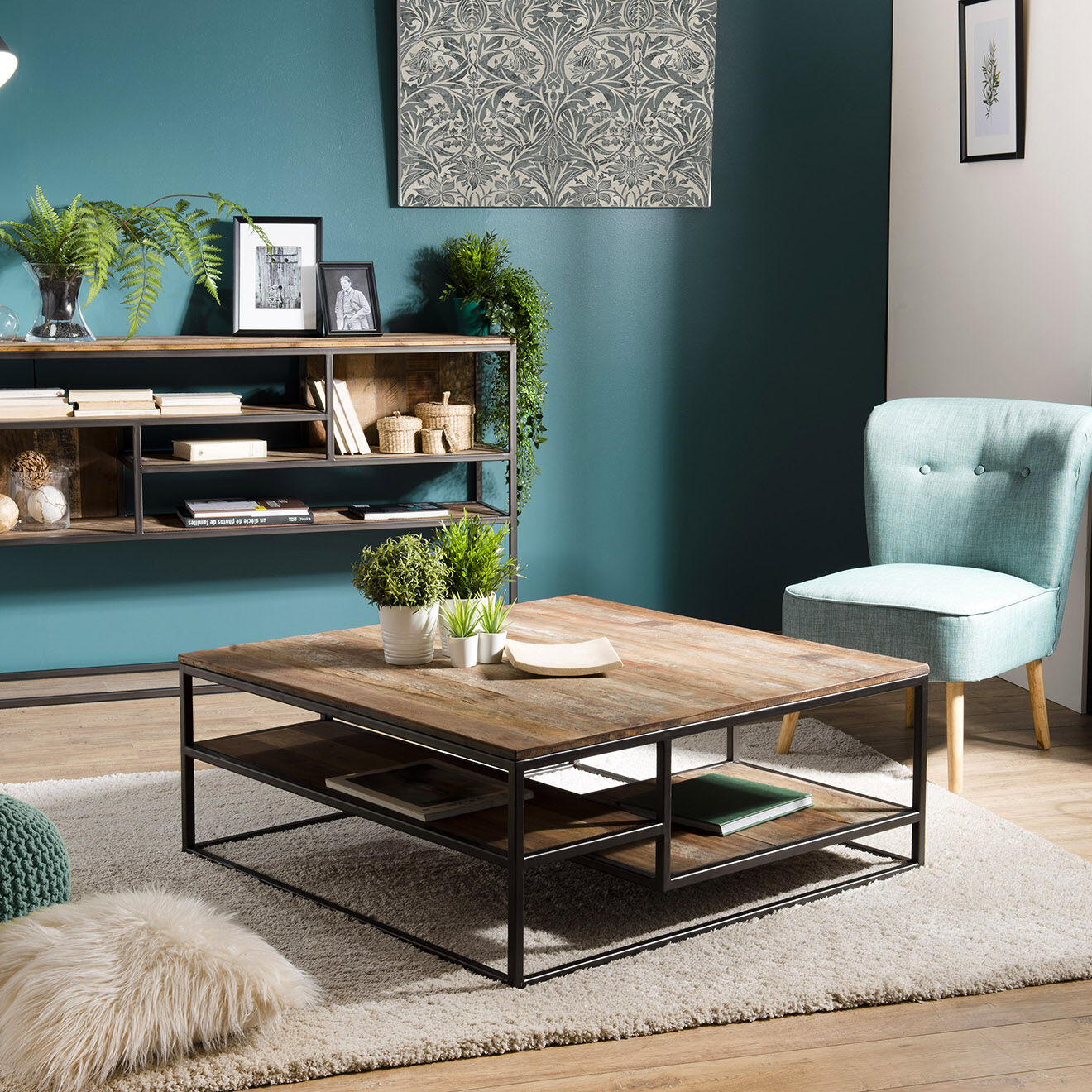 Macabane Table basse avec tablettes Sixtine teck - 100x100x40 cm