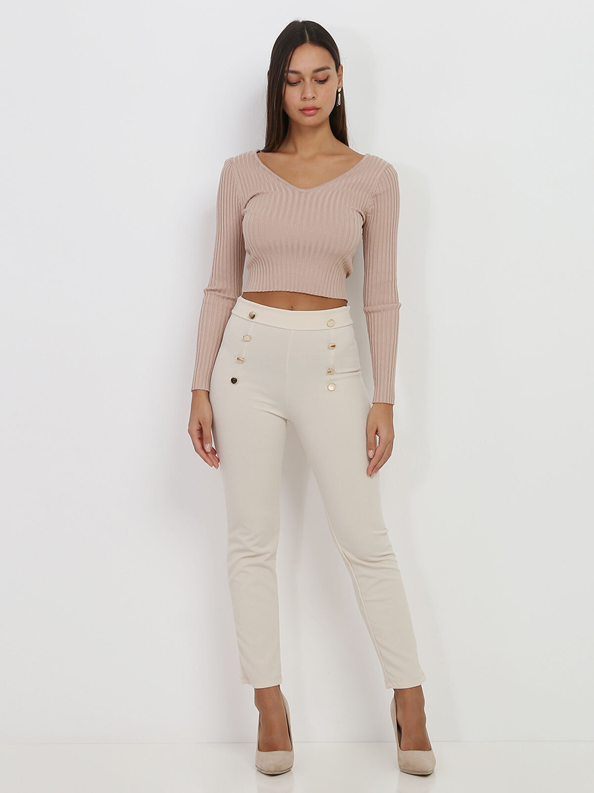 Pantalon taille haute à boutons- Beige