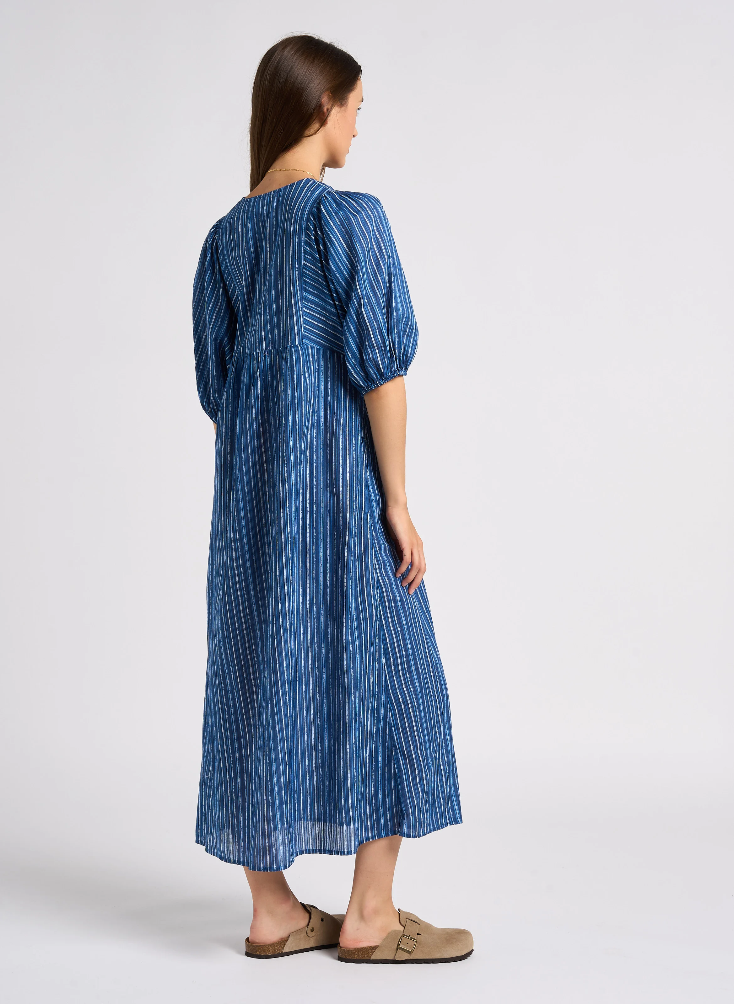 MARIE - Robe midi col V en coton | Bleu