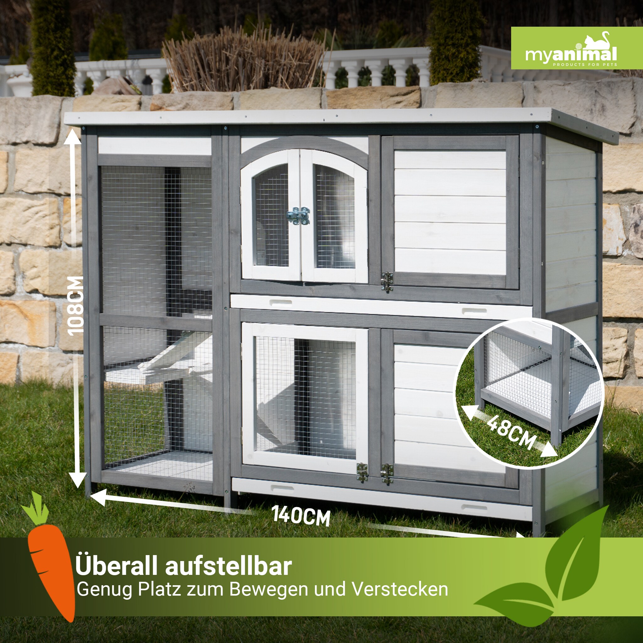 MyAnimal Hasenstall zweistöckig MH-02, Doppelstockkäfig, Kiefernholz, einfache Reinigung, wetterfest (Grau/Weiß)
