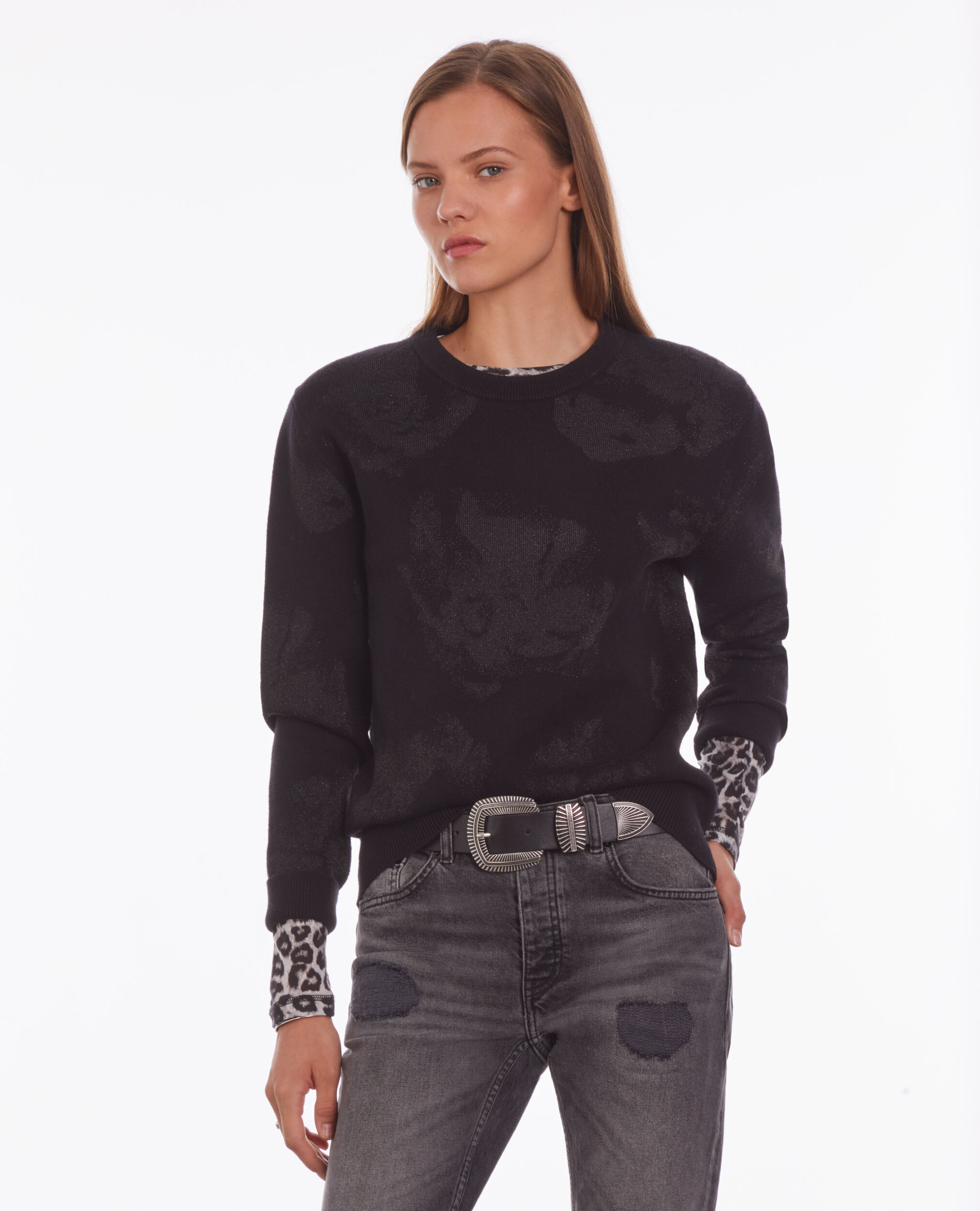 Pull noir en laine mélangée avec motifs en lurex