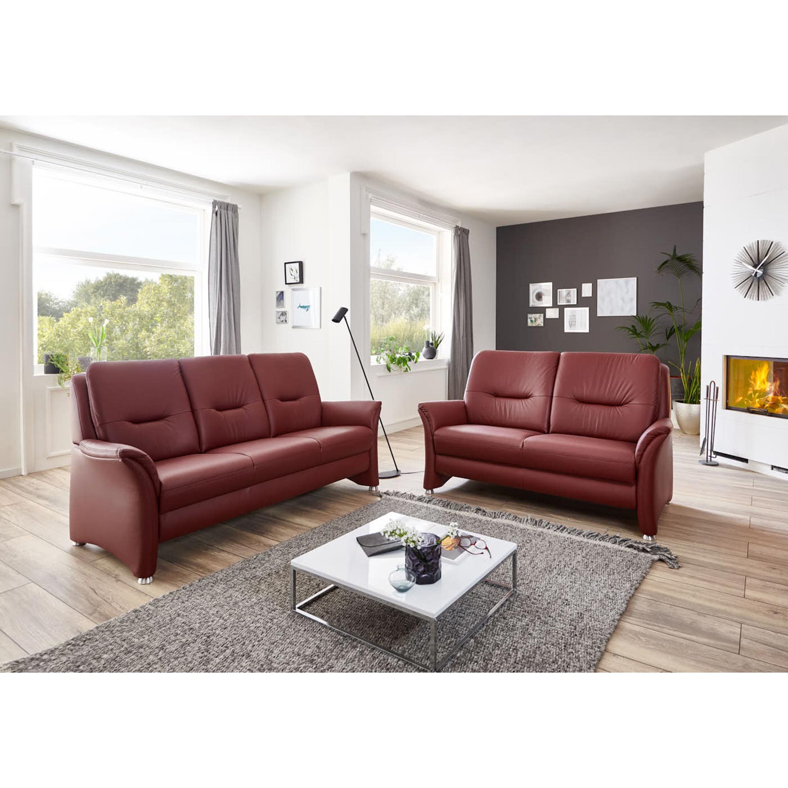 polsterpower 3-Sitzer Ledersofa - brombeer - Federkern