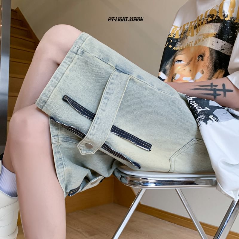 Giuliana - Mid Waist Washed Distressed Denim Shorts / Capri Straight Leg Jeans