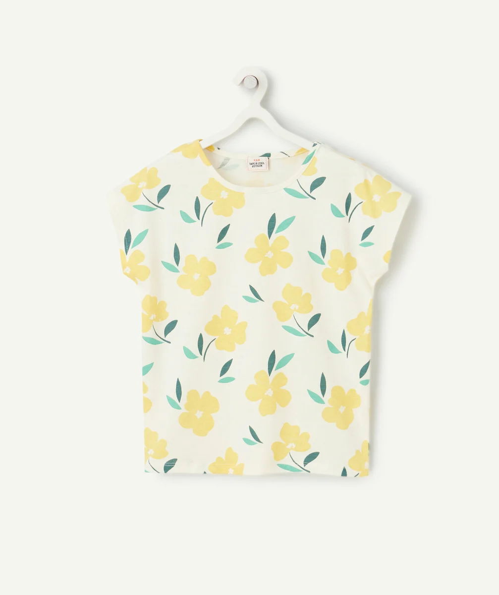 t-shirt manches courtes fille en coton bio écru imprimé fleurs jaunes