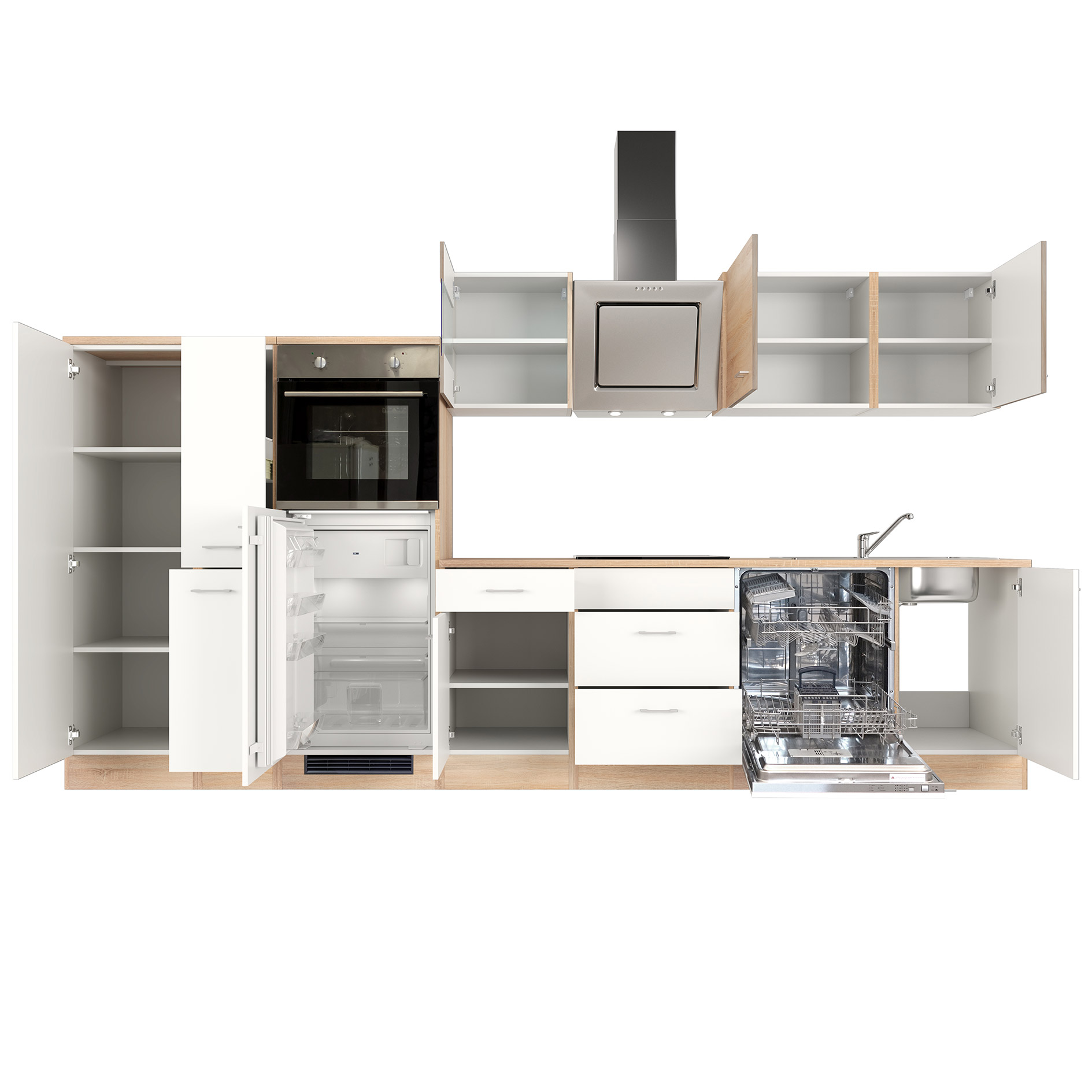 Küchenblock SAMOA - weiß - Sonoma Eiche - mit E-Geräten - 360 cm