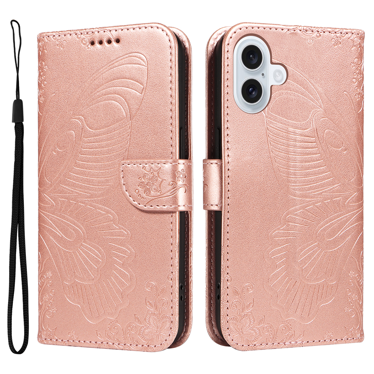 iPhone 17 Leder Tasche Flip Cover Schmetterlinge Imprint - Roségold
