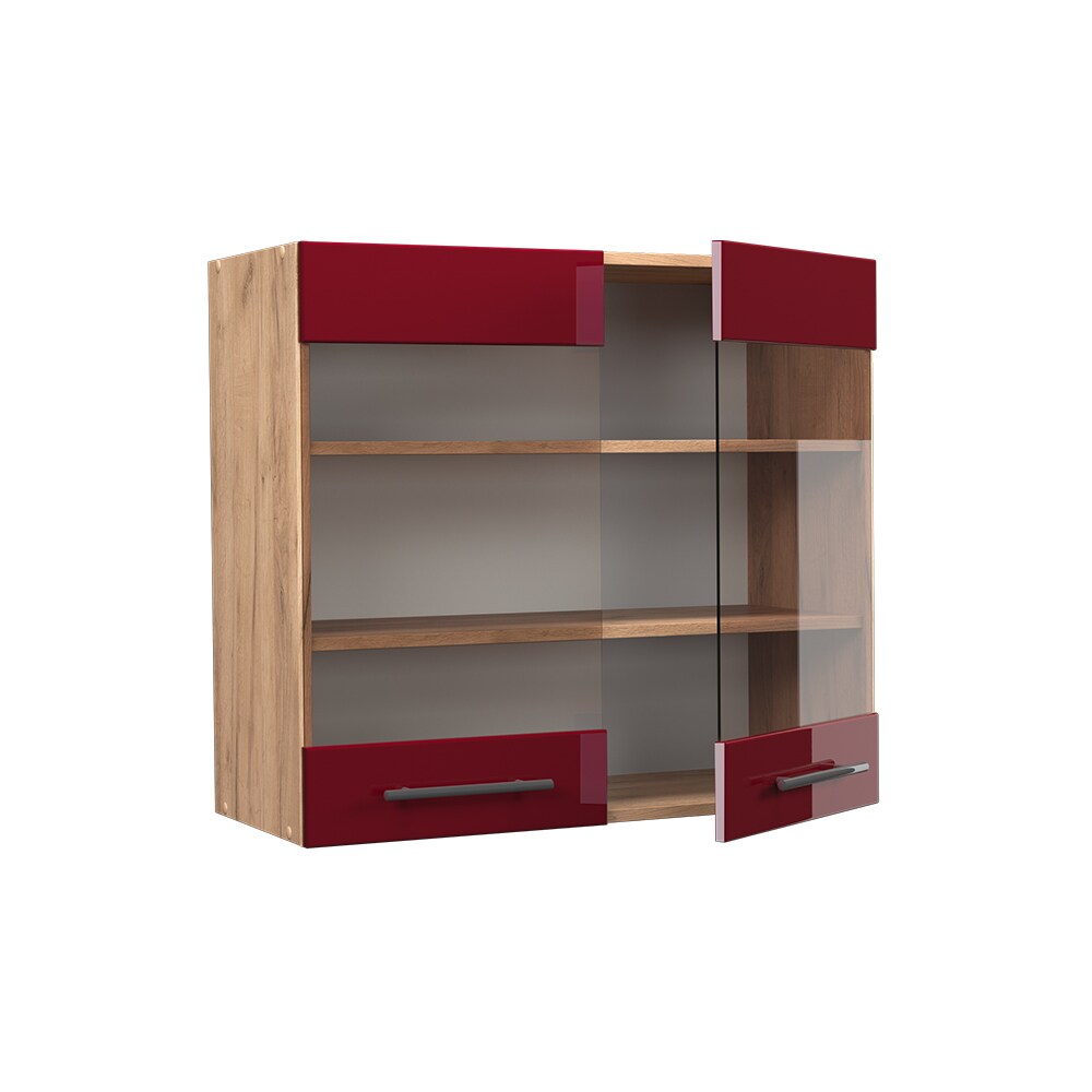 Vicco Hängeglasschrank Küchenschrank Küchenmöbel Fame-Line Eiche Rot Bordeaux modern 80 cm Küche Einbauküche Hängeschrank Glasschrank Drehtür Einlegeboden Küchenzeile Hochglanz