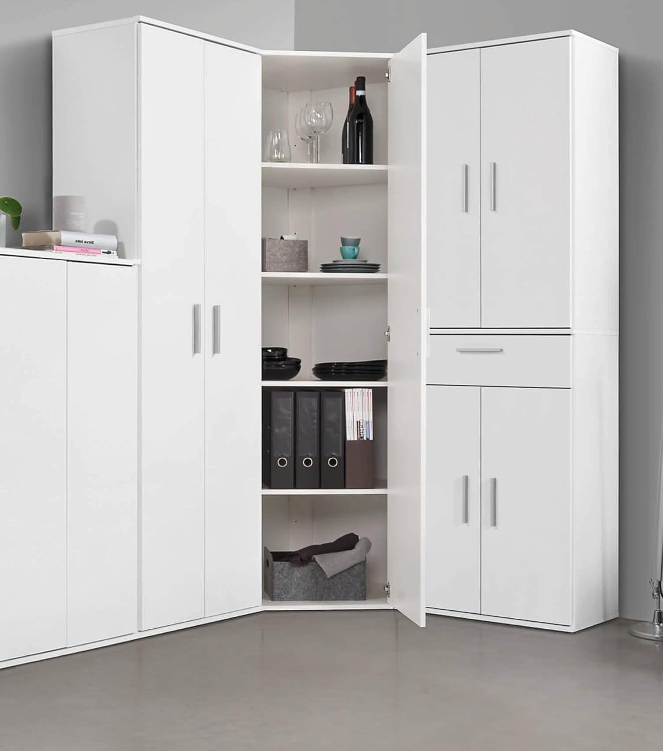 mokebo Eckschrank Mehrzweckschrank 'Der Lange' (64x180 cm) aus Holz, Aktenschrank für Flur oder Büro, auch als Allzweckschrank, Vorratsschrank oder Haushaltsschrank in Weiß
