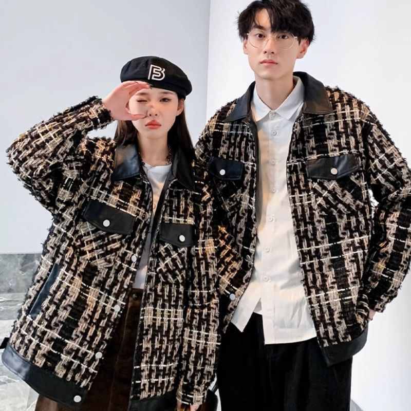 Cowpow - Kraag imitatieleren paneel tweed knoopjas