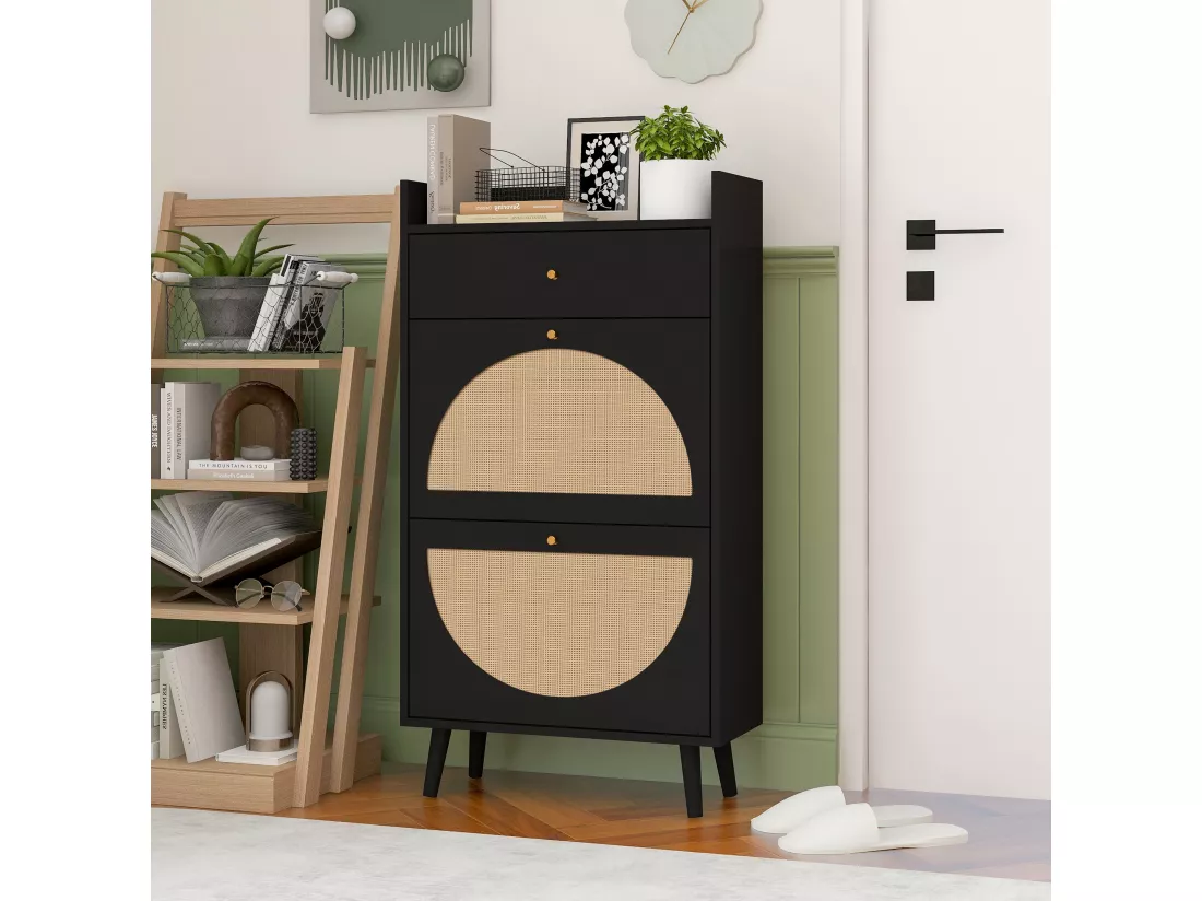 Meuble à Chaussures avec 2 Portes et 1 Tiroir, Rattan Noir, Portes Demi-Circulaires Interchangeables, Double Étagère, 60 cm, Sans Dos