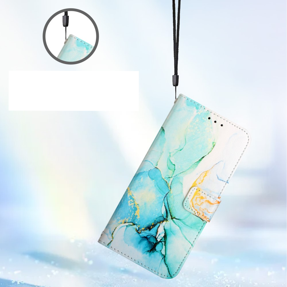 iPhone 12 / iPhone 12 Pro Leder Tasche mit Kartenfach   Handschlaufe Marble Marmor - Grün / Blau