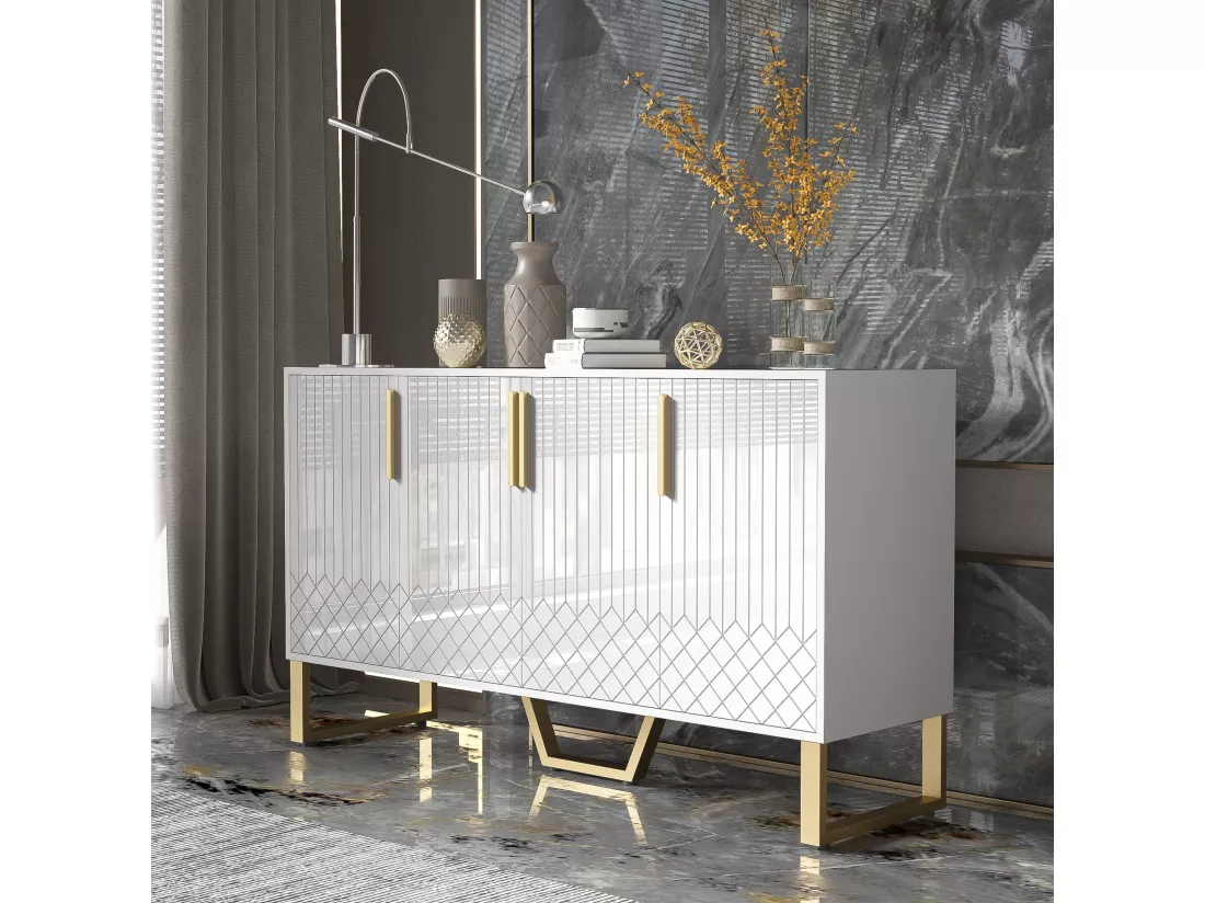 Buffet bas avec 4 portes - 140 L x 40 P x 80 H cm - Bois MDF et pièds en métal doré - Blanc brillant