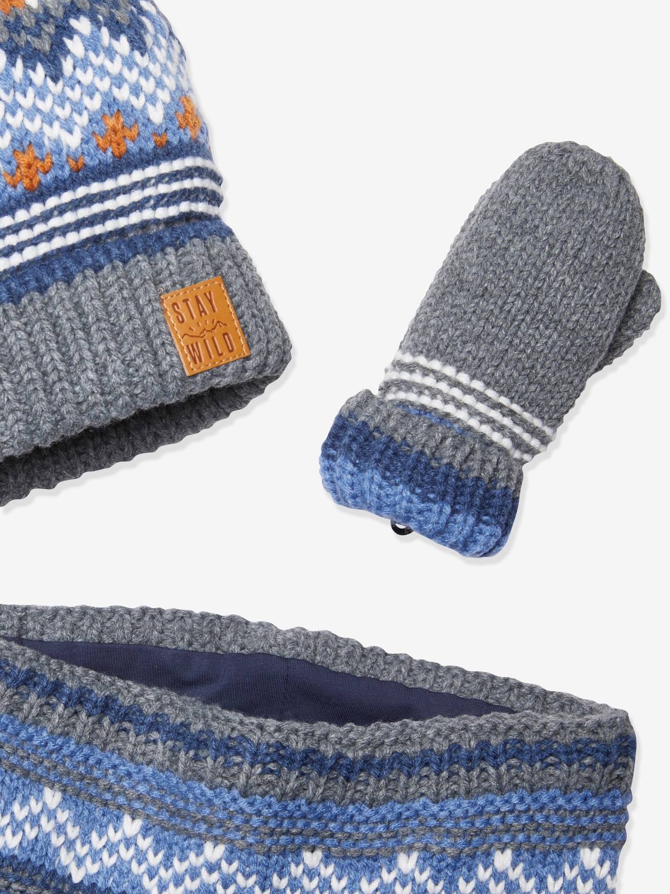 Conjunto Oeko Tex® com gorro, cachecol e luvas para meninos, tamanho médio, azul mesclado