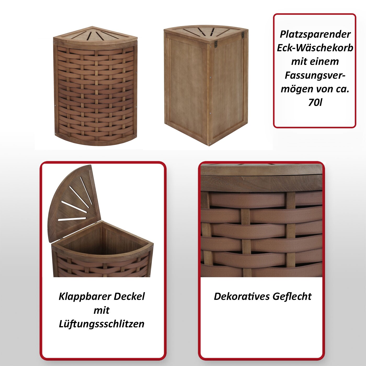 Eck-Wäschekorb MCW-H87, Wäschebox Wäschesammler Wäschebehälter Wäschesortierer, Holz 70L 66x53x38cm ~ braun