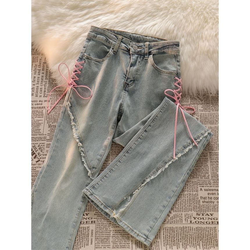 deersweeti - Gestreepte bootcut jeans met vetersluiting en split