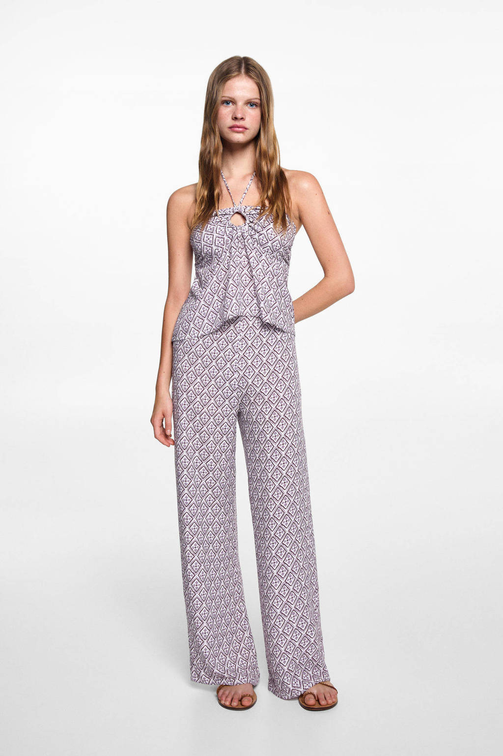 MANGO TEEN broek met all over print lila/wit