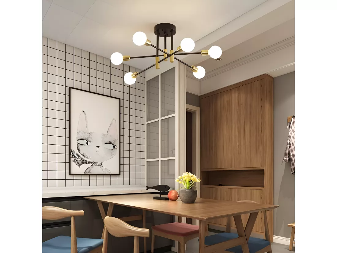 Plafonnier rétro industriel, noir, 72*72*32, 6 lumières, pour salon chambre, sans ampoule