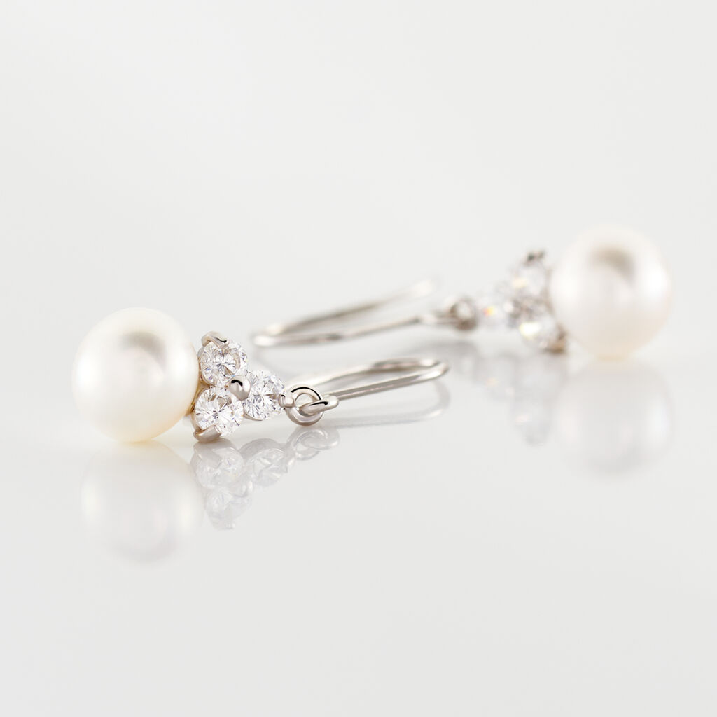 Boucles D'oreilles Pendantes Taissia Or Blanc Perle Culture Et Oxyde