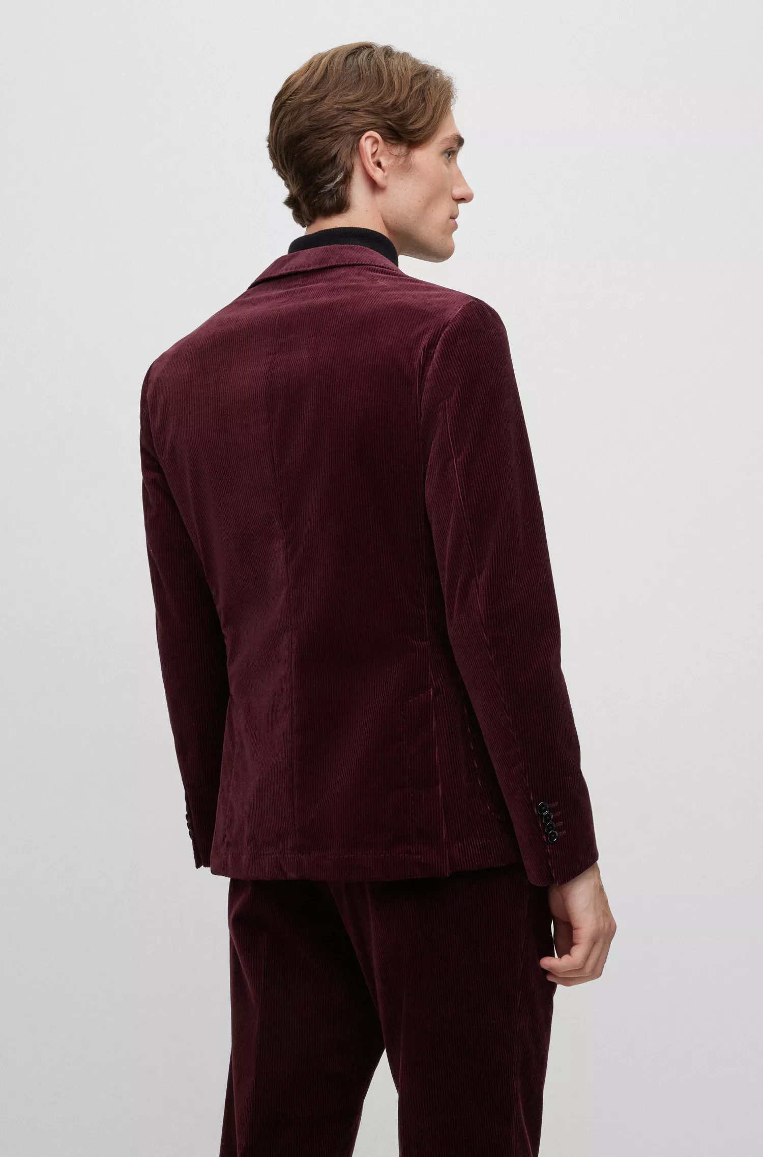 Jaqueta BOSS preta de corte slim em algodão elástico com microestampa.