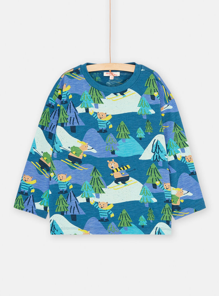 T-shirt bleu de France à imprimé montagne et ours pour garçon