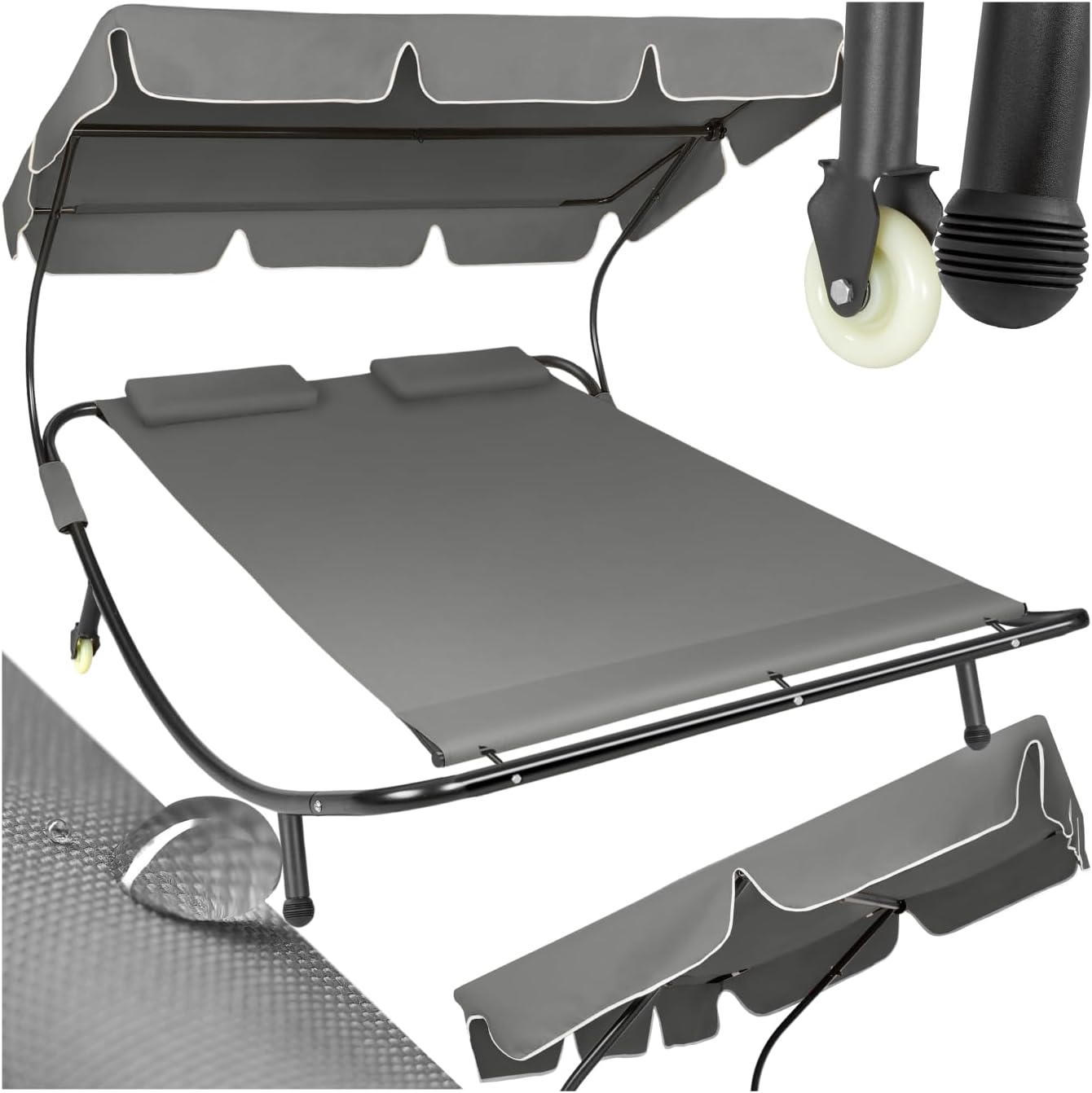 tectake Sonnenliege, Doppelliege, Outdoor Liege für 2 Personen, Gartenliege mit Sonnendach, Relaxliege, Sonnenliege mit Dach, inkl. 2 Kissen, ideal für Garten oder Balkon - schwarz/grau