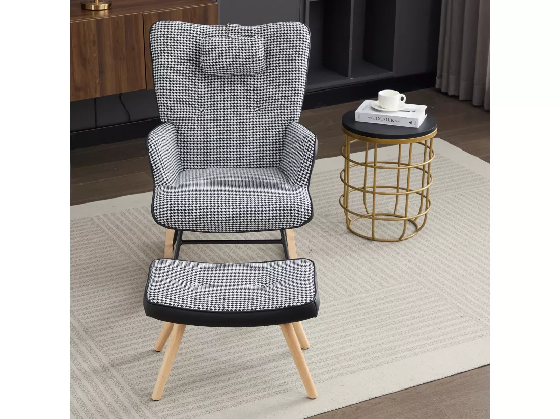 Fauteuil à bascule avec poche latérale, appui-tête et repose-pieds - 85 x 65 x 96 cm - Motif chippendale - Noir + blanc