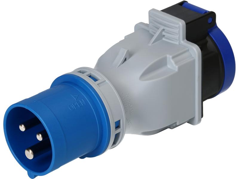 maxCAMP Adapterstecker CEE16/3 - T23, Blau/Grau Adapter CEE-Stecker IP44 auf Steckdose Typ 23 IP55 mit Klappdeckel