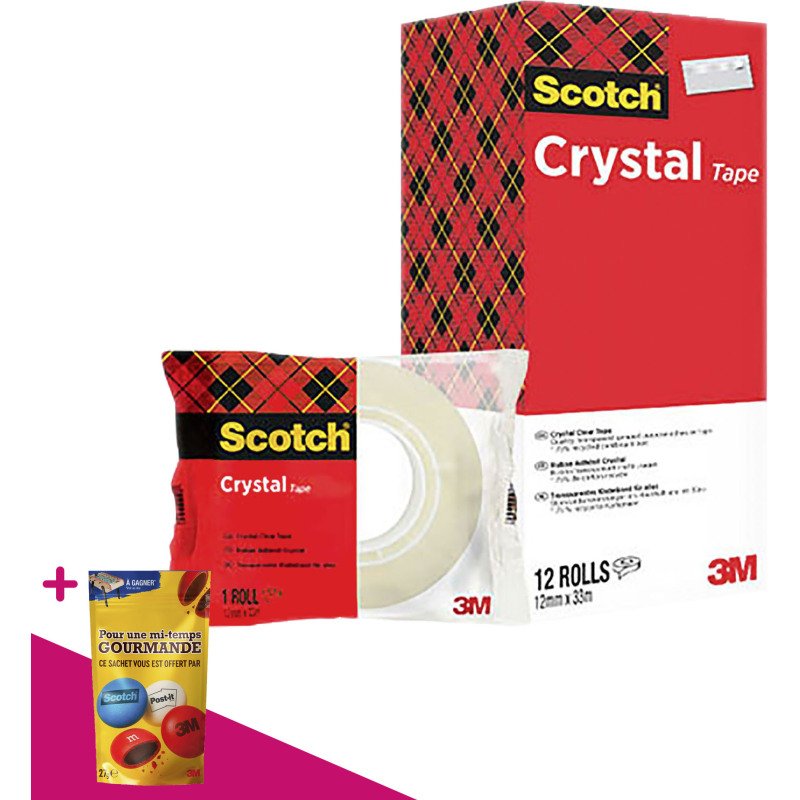 Pack 12 rubans adhésifs Scotch Crystal transparent - Largeur 19 mm x longueur 33 m + 2 OFFERTS = Pour l'achat d'un pack de 12 rubans, 1 sachet de M&M OFFERT