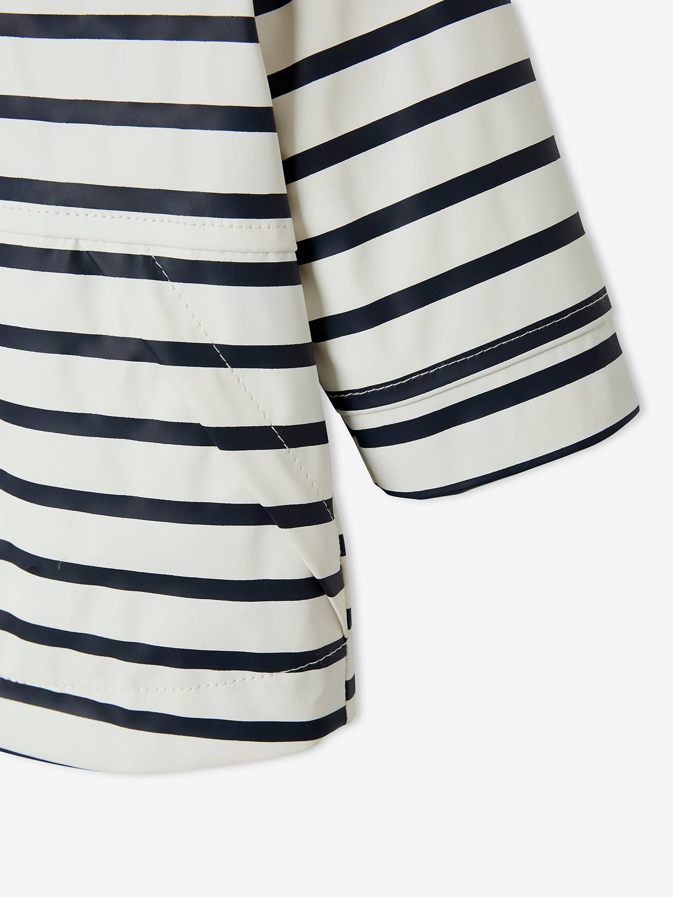 Capa de chuva estilo marinheiro com forro e capuz, para bebê, branca clara com listras.