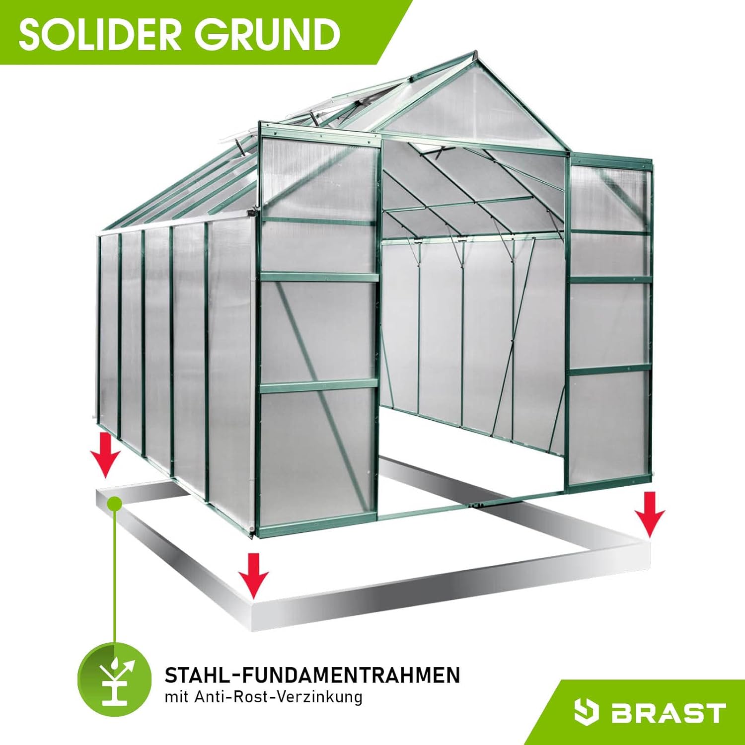 BRAST Gewächshaus Aluminium mit Fundament | 42 Modelle | 130x190x195cm - 490x250x235cm | TÜV geprüft | 6mm Hohlkammerplatten | rostfrei wetterfest temperaturbeständig | 310x250x235cm Grün