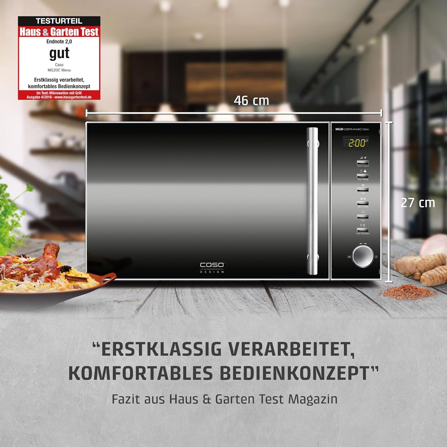 CASO | MG20 Ceramic menu 2-in-1 Mikrowelle mit Grill | Keramikboden und Grill-Rost für 2 Ebenen, 800 W, 1000 W Grill, 20 L, Edelstahl, verspiegelt