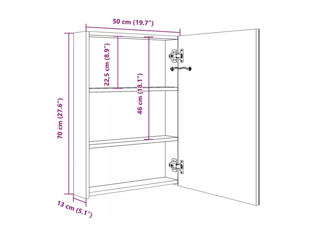 Armoire de salle de bain à miroir LED noir brillant 50x13x70 cm