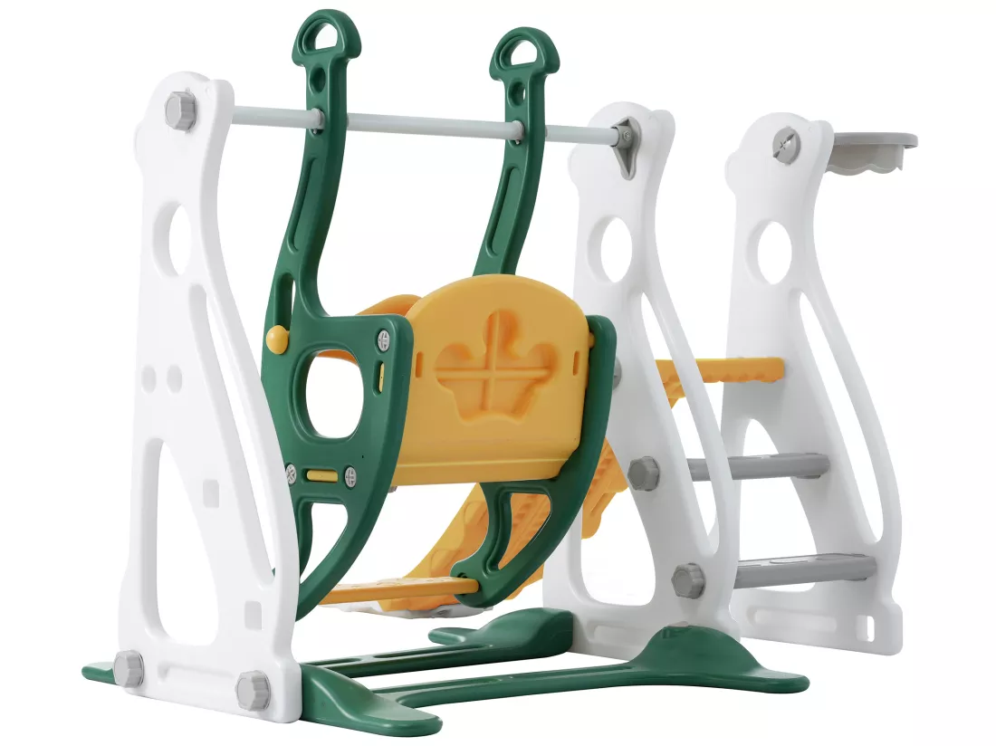 Toboggan 4 en 1 - avec escalier, balançoire, panier de basket - vert