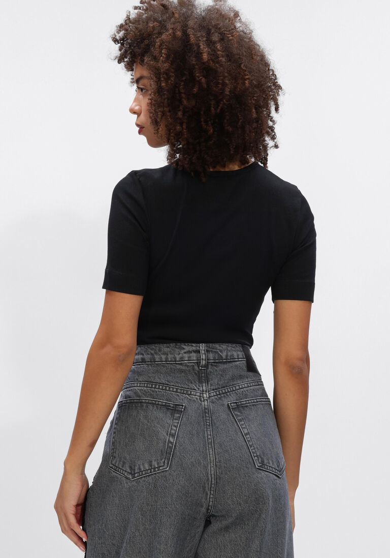 zwarte ganni top soft cotton rib short sleeve t-shirt