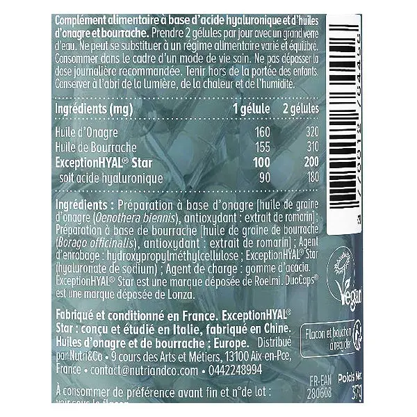 Nutri&Co L'Acide Hyaluronique Onagre et Bourrache Peau et Anti-Âge 60 gélules
