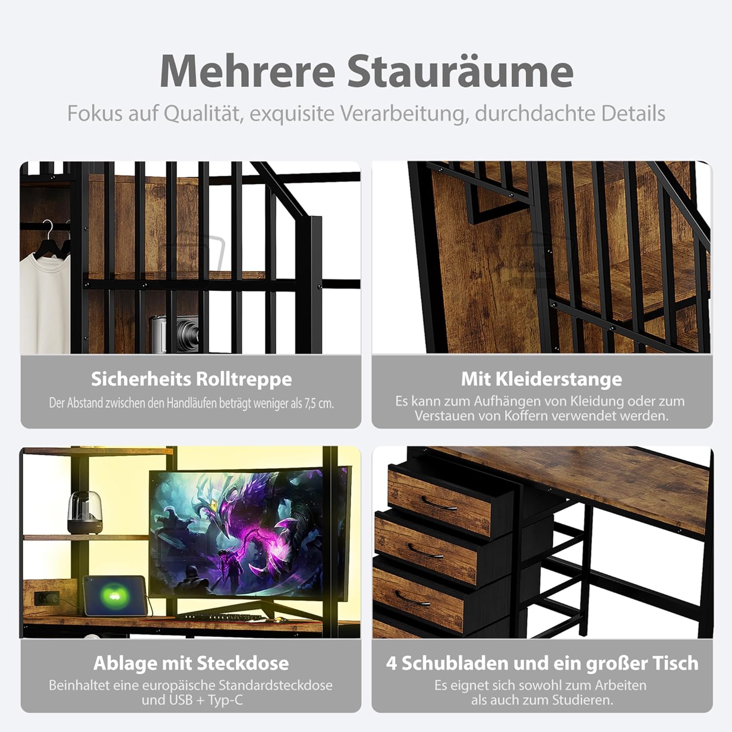 Hochbett 90x200 aus Metall mit Schreibtisch, Ablagefächern, Kleiderstange, LED-Beleuchtung und Steckdose Multifunktionale Etagenbett ist ideal für Büros, Arbeitszimmer und kleine Zimmer.