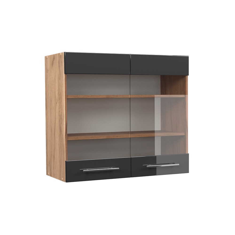 Vicco Hängeglasschrank Küchenschrank Küchenmöbel Fame-Line Eiche Anthrazit modern 80 cm Küche Einbauküche Hängeschrank Glasschrank Drehtür Einlegeboden Küchenzeile Hochglanz