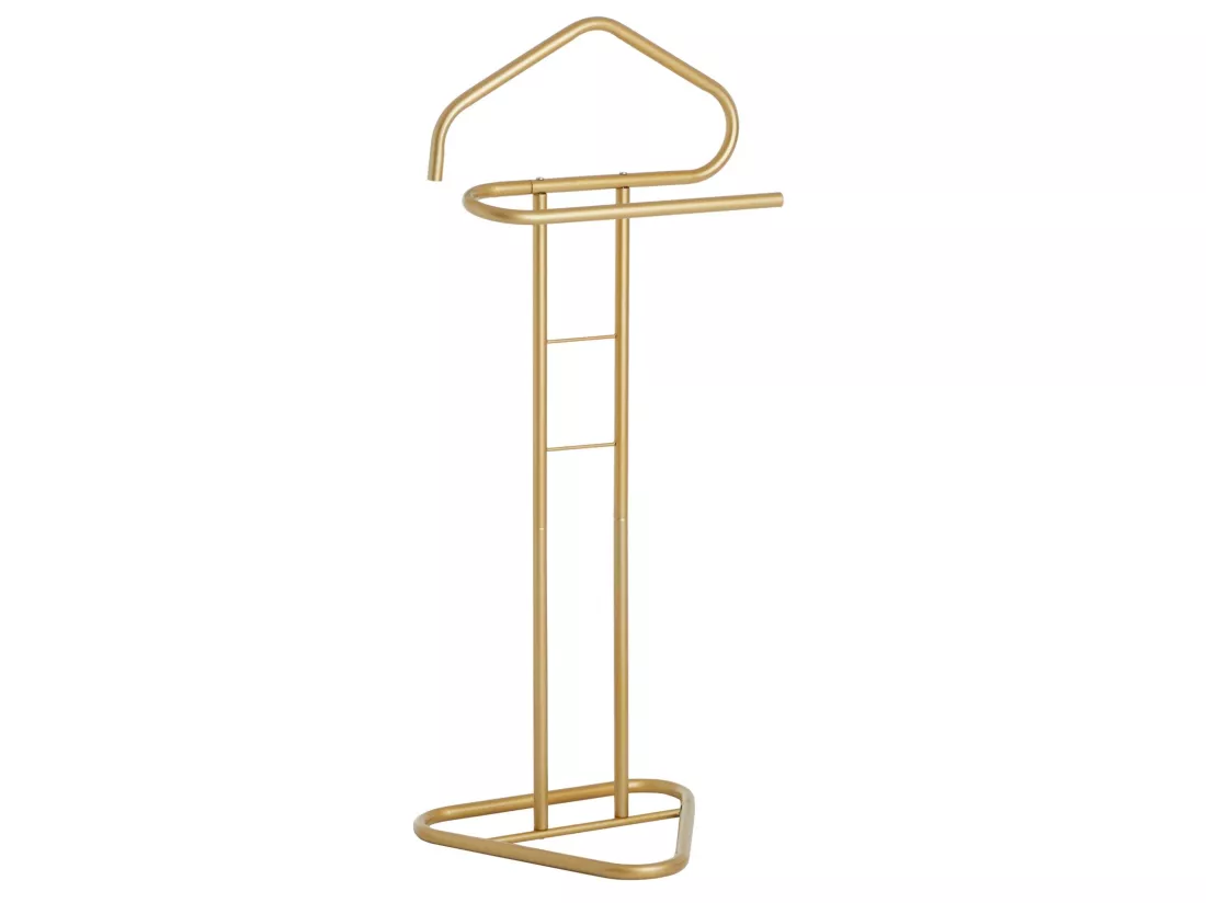 Valet de chambre valet de nuit CAMILO chevalet de nuit avec cintre pour veste et portant pour pantalonts, en métal laqué or