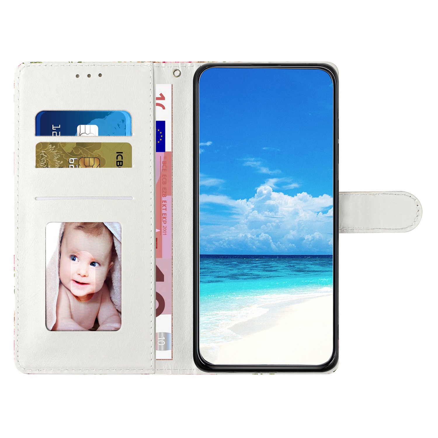Samsung Galaxy S24 FE Leder Tasche mit Kartenfach   Handschlaufe - Marble Marmor (Grün / Blau)