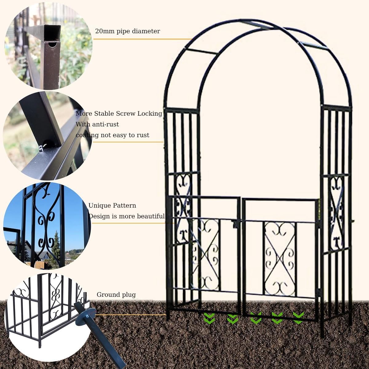 DTGPRO Rosenbogen Torbogen Rankhilfe Mit Tür Metall Spalier Tor Gartenbogen Rankbogen Rankenbogen Rankgitter, Witterungsbeständig, Für Verschiedene Kletterpflanzen, 210x114x52cm Schwarz