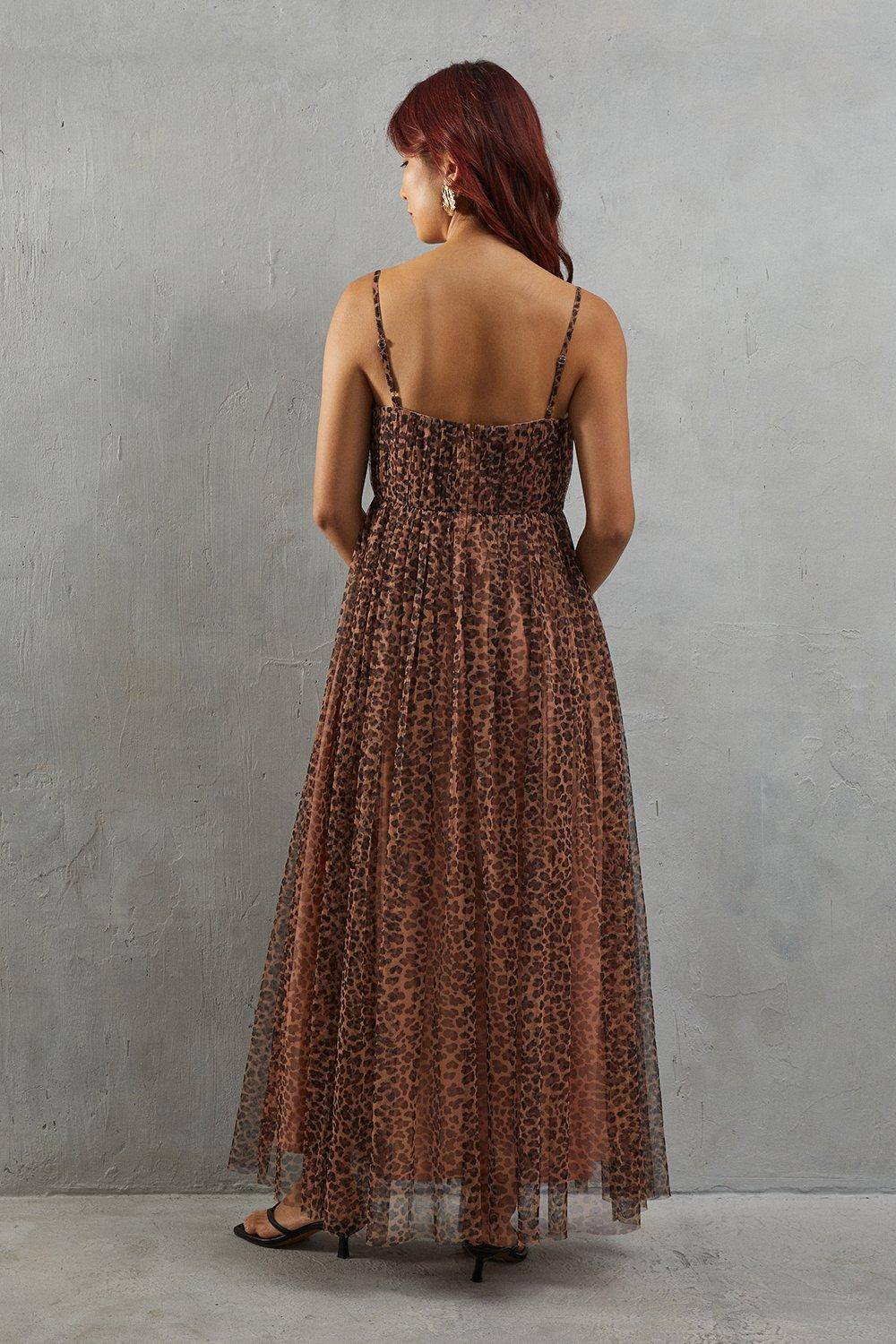 Warehouse Robe Maxi Bustier à Bretelles en Tulle Imprimé Animal