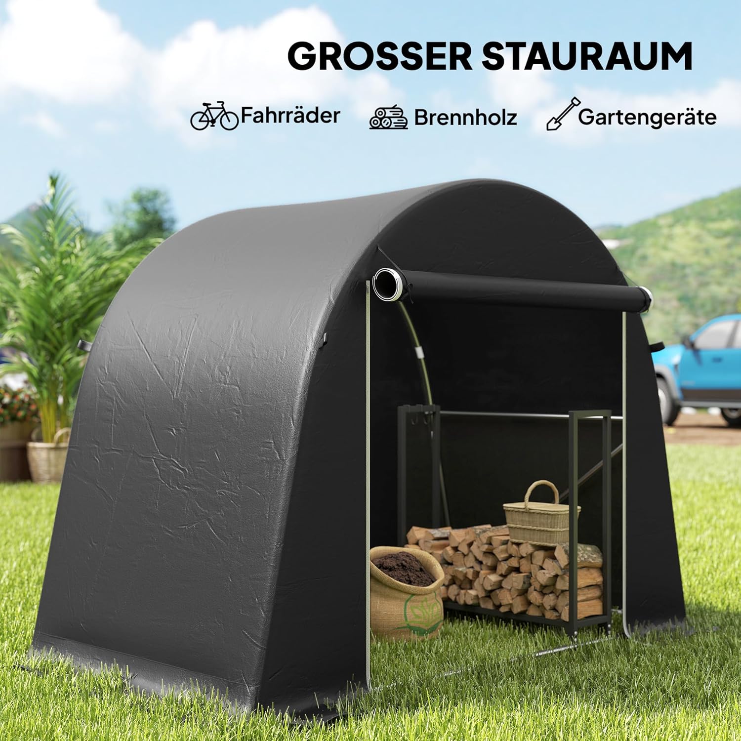 Outsunny Garagenzelt 245x120x200 cm wasserdicht Fahrradgarage mit aufrollbar Reißverschlusstür, wetterfest Lagerzelt Gerätezelt Carport für Fahrräder Gartengeräte Dunkelgrau