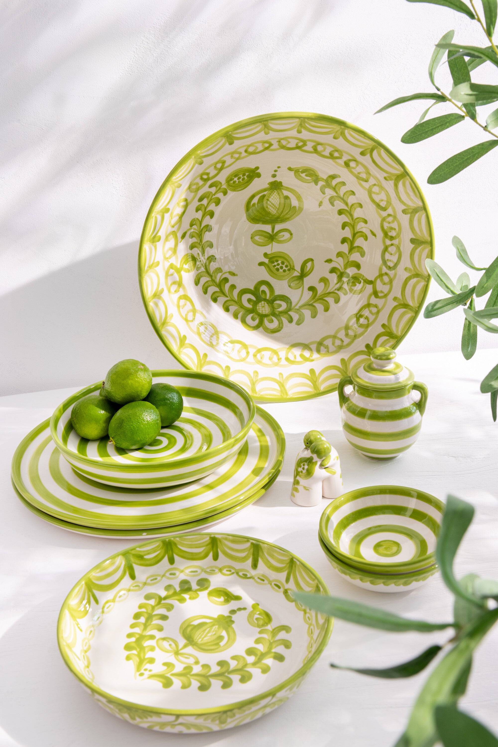 J-Line kom Granada Stripes Low - keramiek - wit|groen - smal