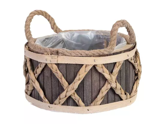 Panier rond en bois gris avec anses 24x24x13h cm
