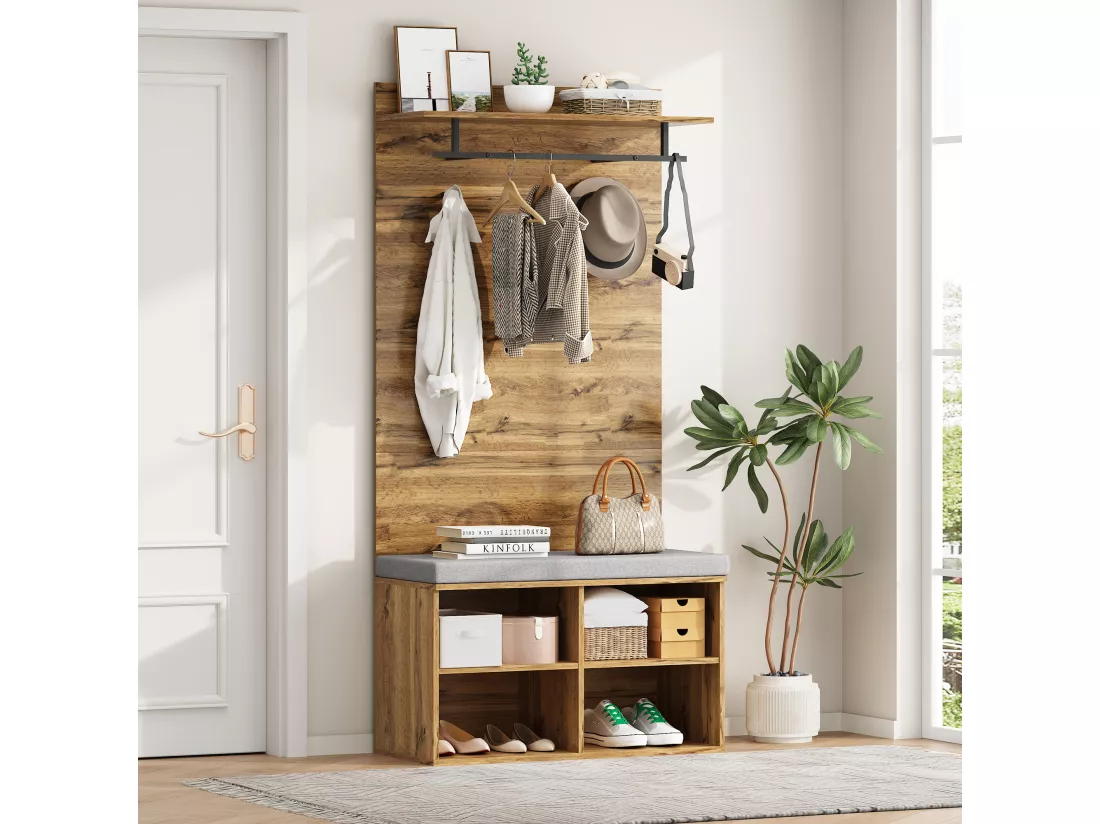 Meuble à chaussures avec banc, 2 portes et porte-manteau - 175 x 84 x 37 cm - Panneaux de particules - Etagère réglable - Chêne